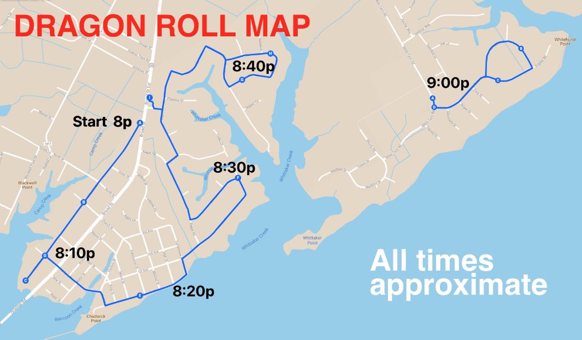 A map of Oriental showing in blue the route of the dragon through the streets. Along the route are time stamps of 10 minute increments.