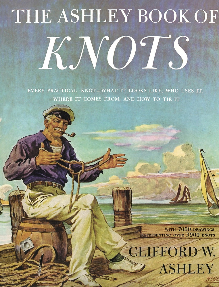 Book cover with an illustration of a older, white-haired sailor sitting on a barrel on a dock, smoking a pipe and holding up a rope with open knot work.