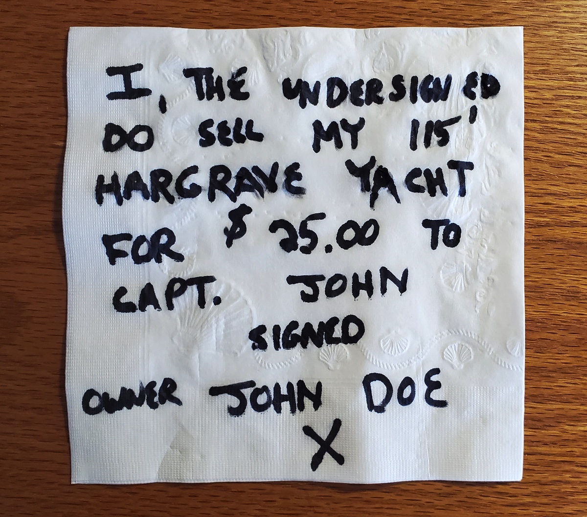 a napkin with a handwritten bill of sale